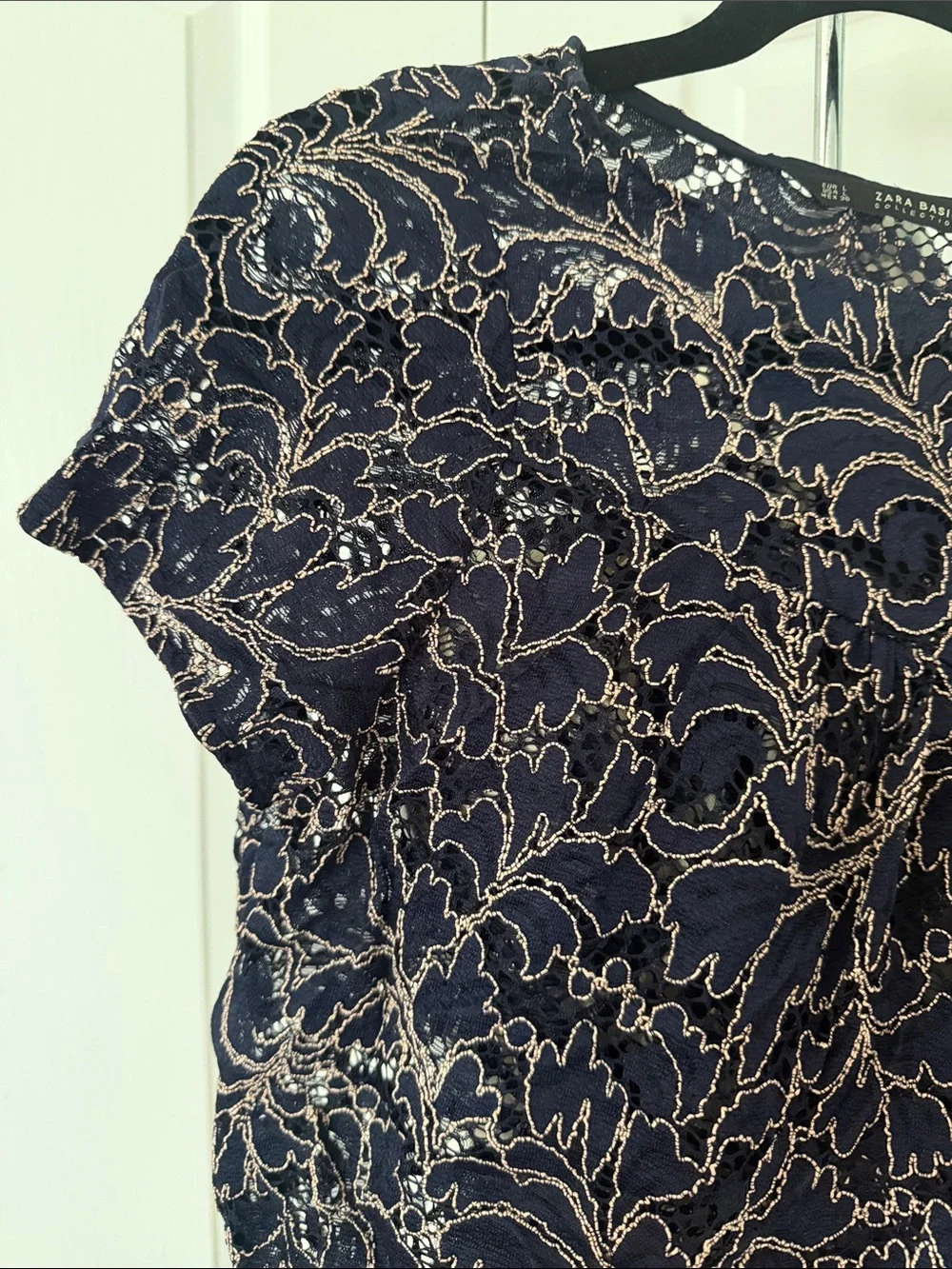 Zara Navy Lace Cropped Short Sleeve Blouse Size L - Picture 4 of 12